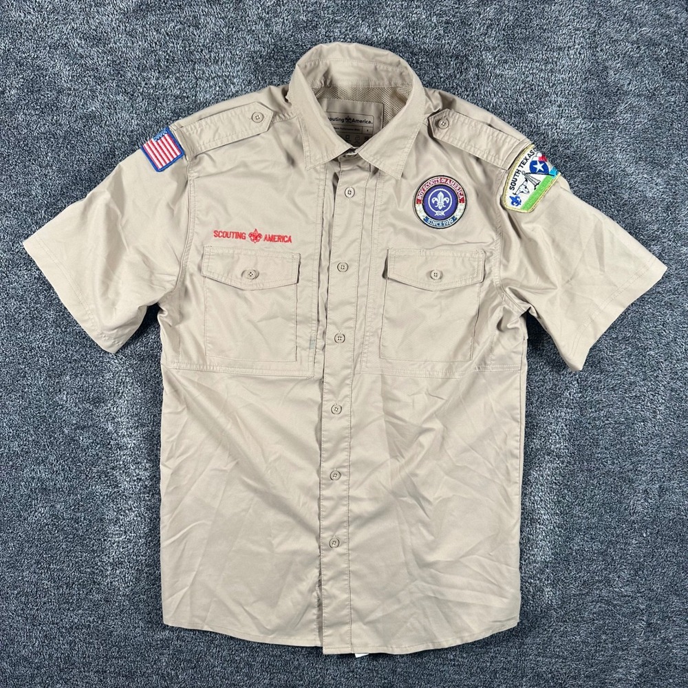 Boy Scouts of America BSA Shirt Mens Small Tan Vented Sewn Patches Short Sleev